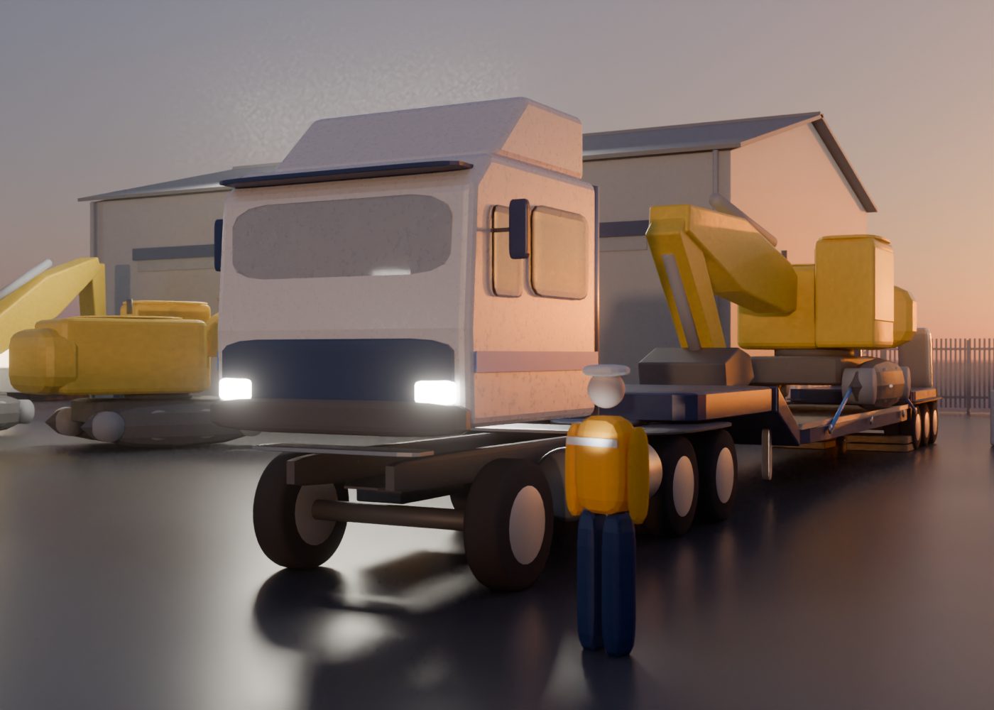 The loaded outfit at the gate at blue hour, headlights on, the driver beside the cab with the phone