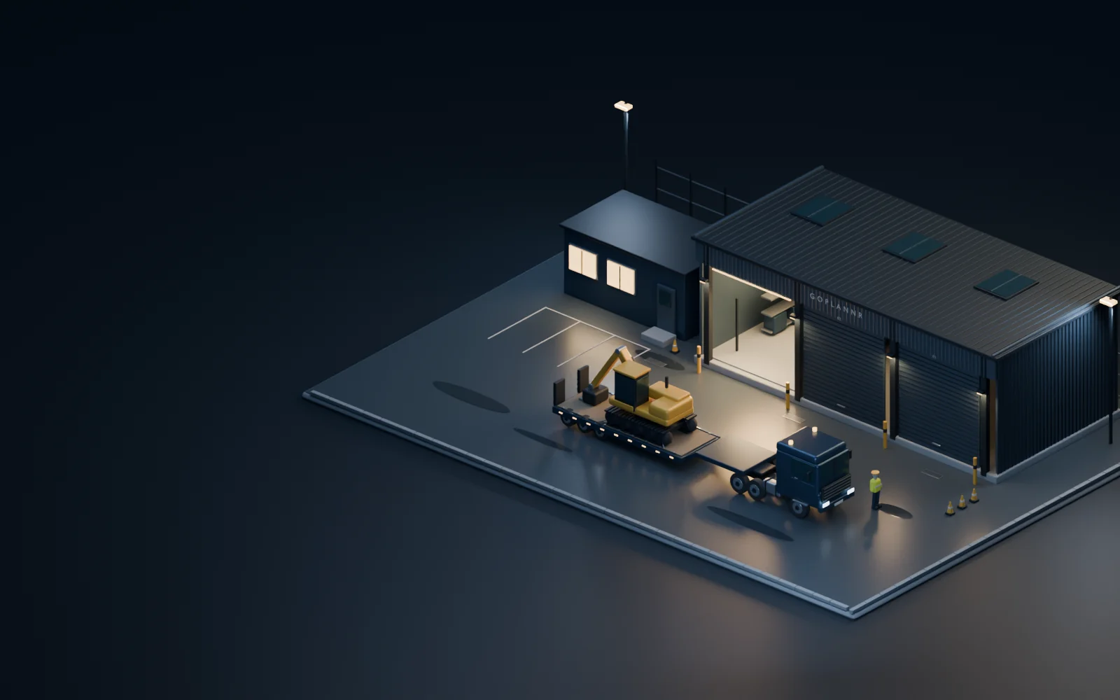 Blender illustration of a low-loader, excavator and illuminated workshop at blue hour