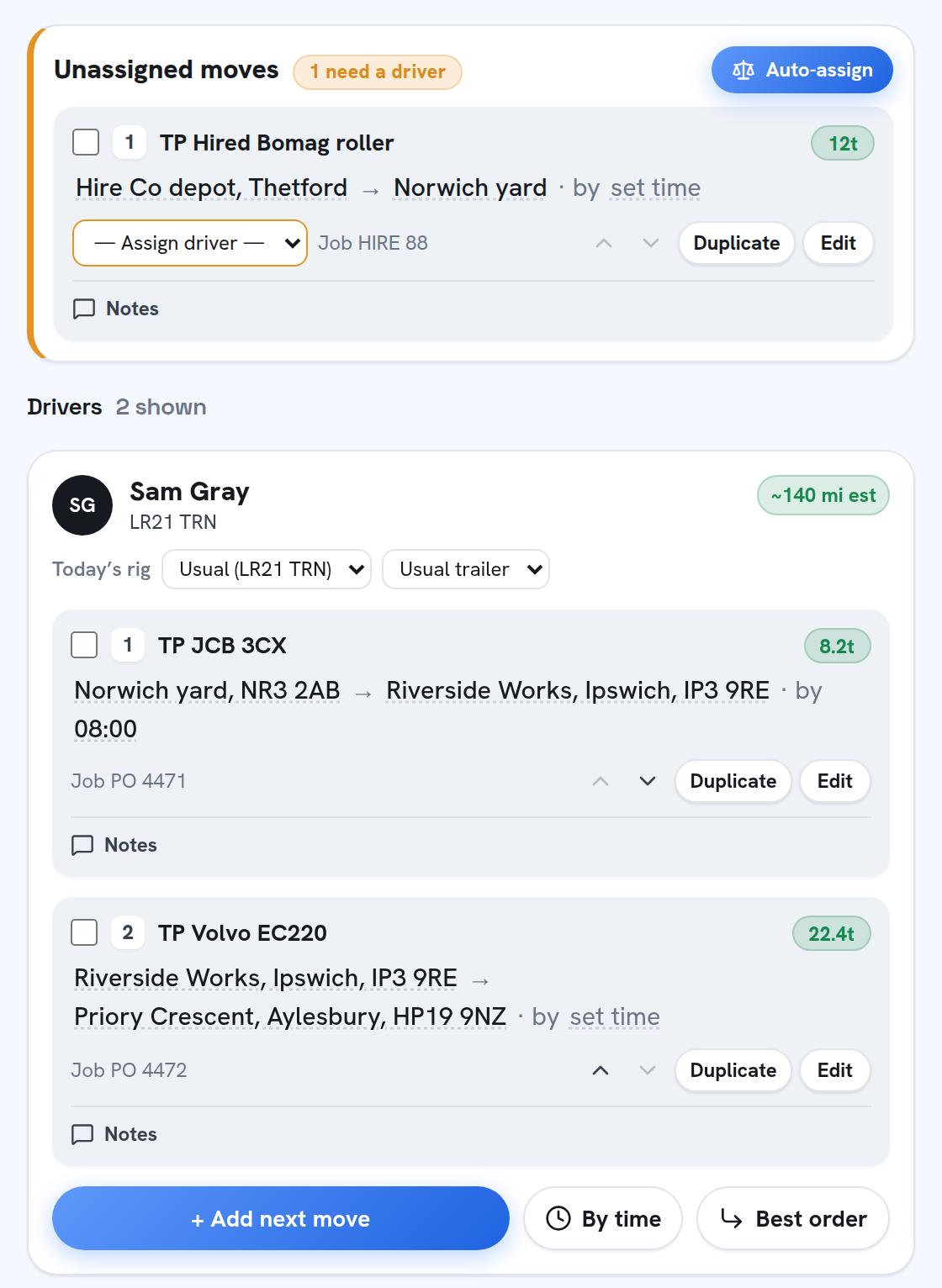 GoPlannr plan board for Thursday: the unassigned hire move at the top, then the driver’s two moves